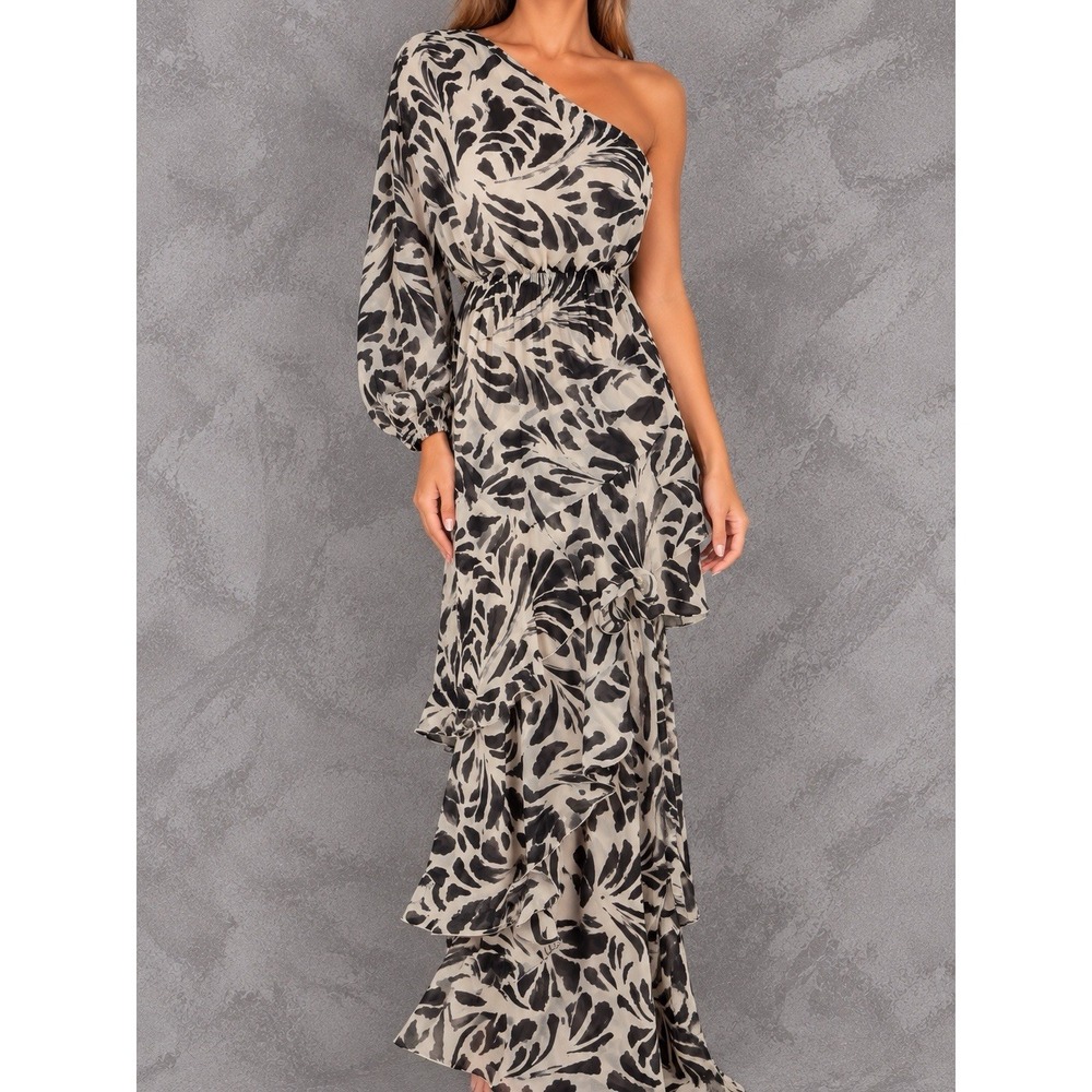 Alexis x Target Dress Womens XS White Black Botanical One Shoulder Ruffle Maxi